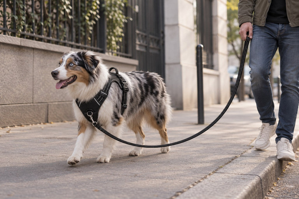 Chien marchant en laisse détendue avec le harnais Ancrava