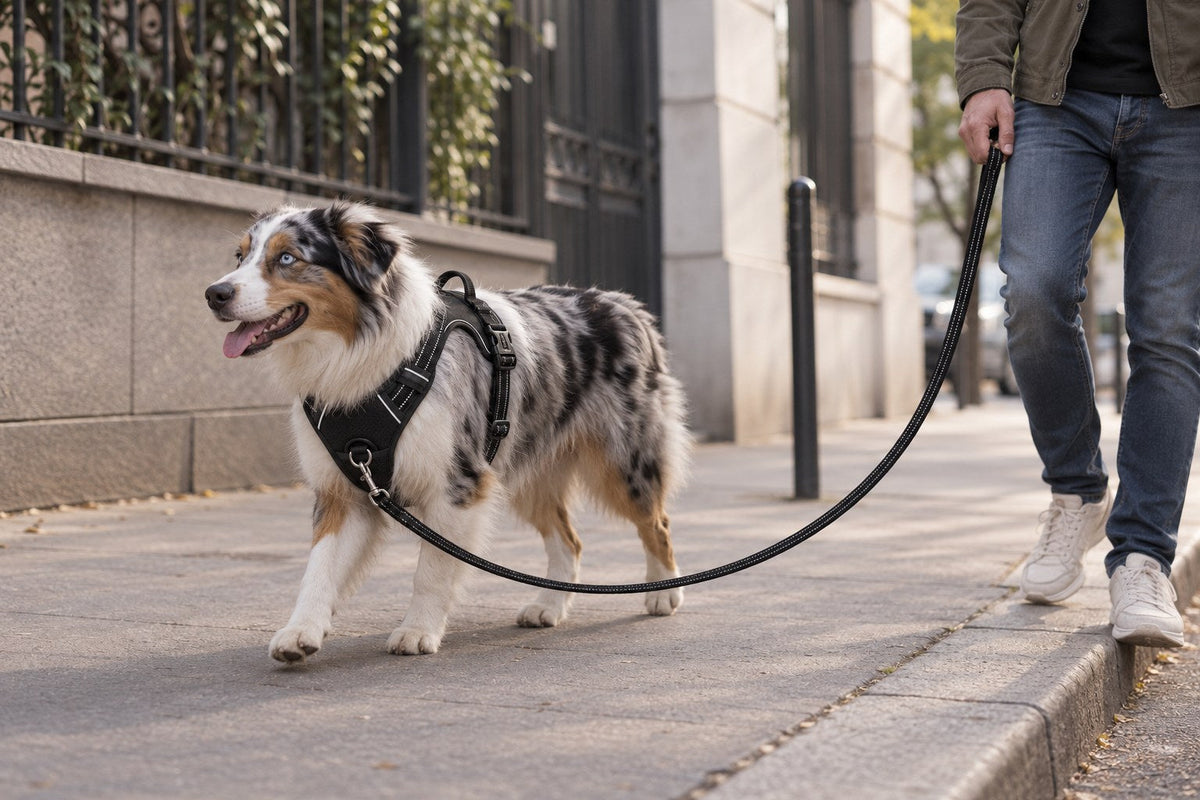 Chien marchant en laisse détendue avec le harnais Ancrava