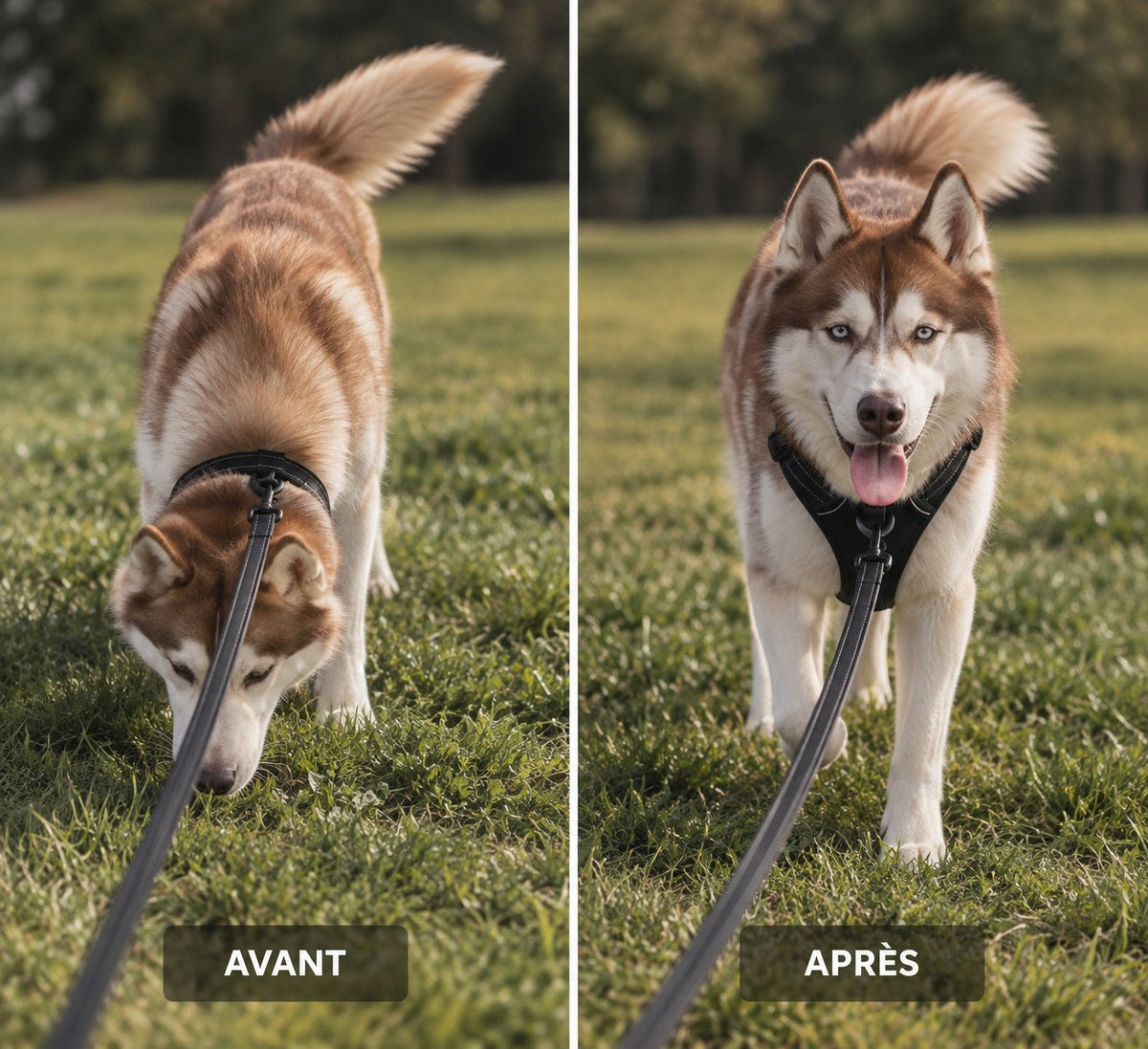Avant / après : husky qui tire au collier, puis marche calmement avec le harnais Ancrava