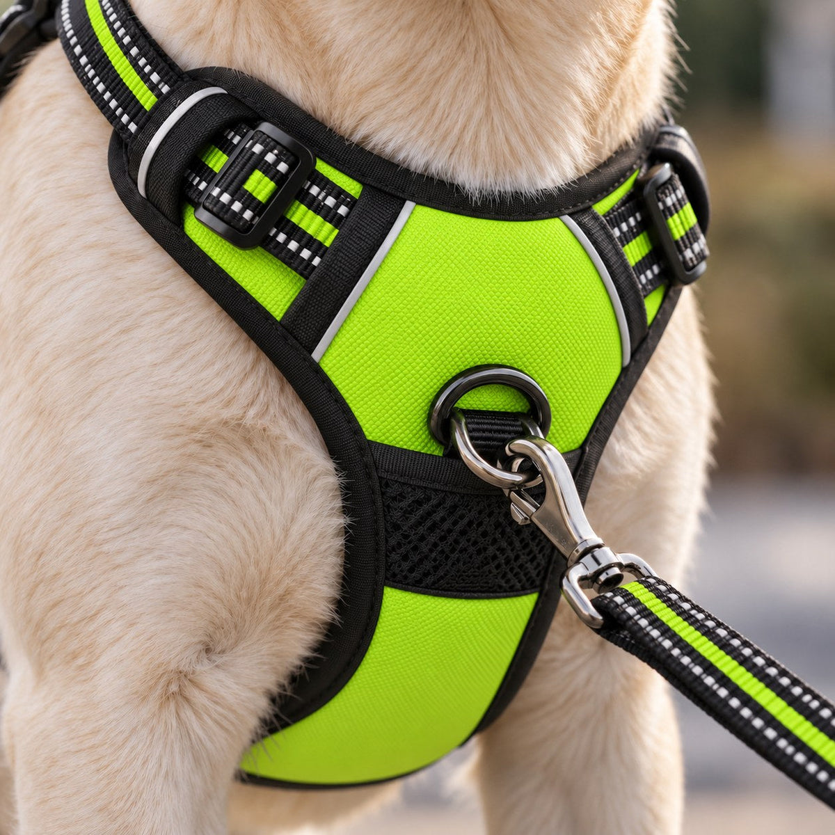 Détail attache frontale du harnais Ancrava vert fluo