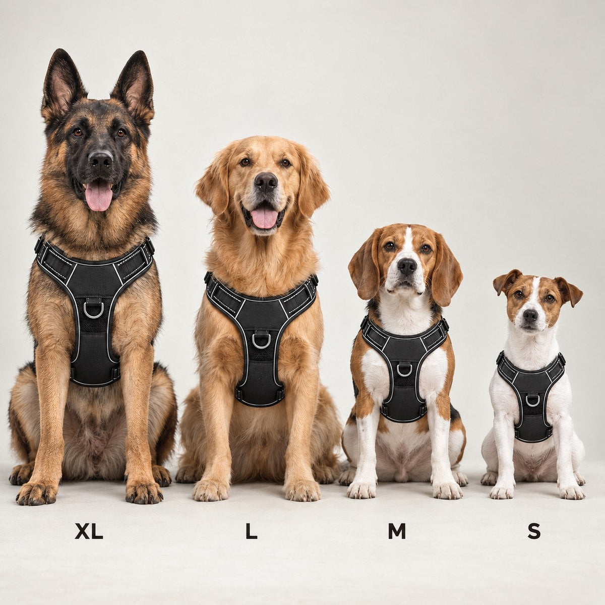Guide des tailles : XL berger allemand, L golden, M beagle, S jack russell